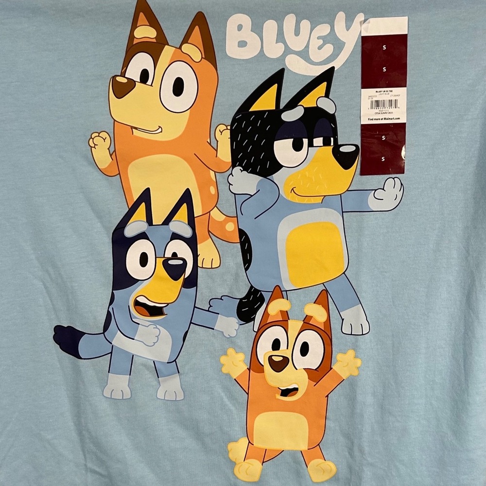 Bluey Kids Graphic T-Shirt Light Blue Heeler Family Short Sleeve Tee Size S New